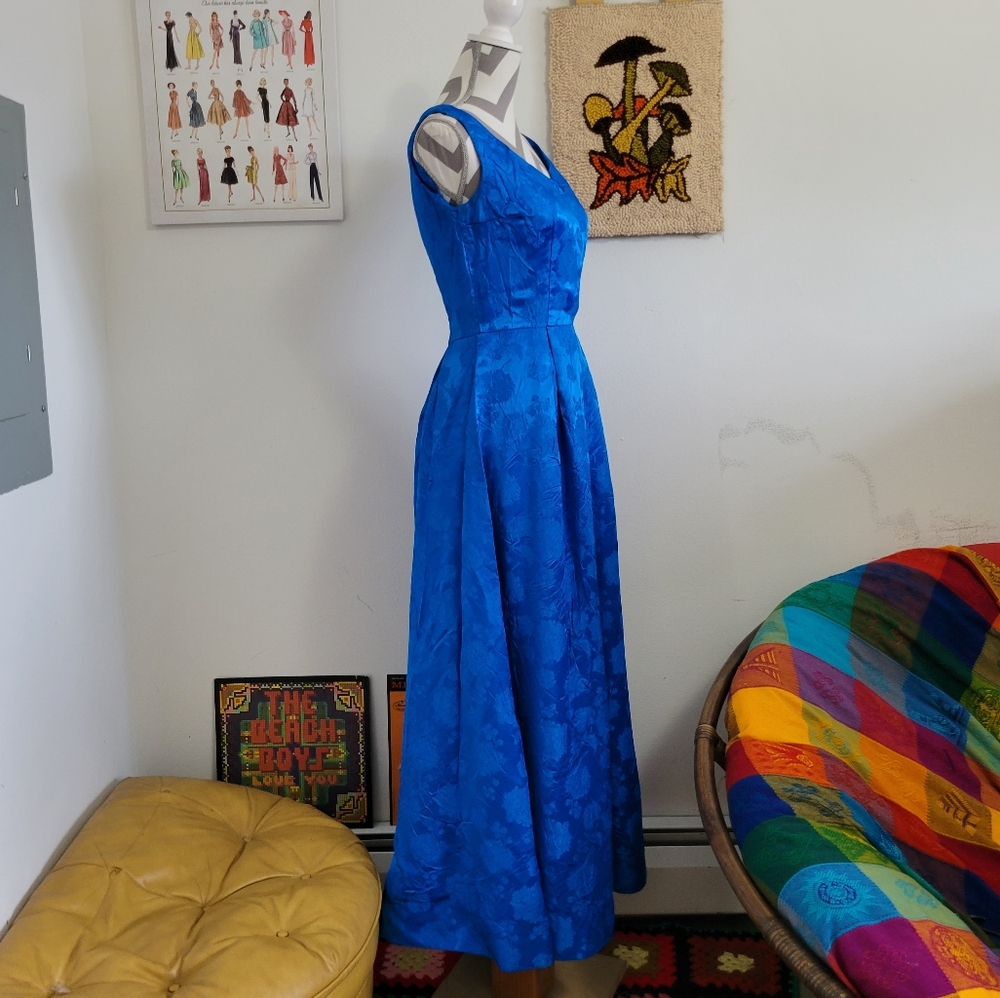 Vintage Blue Floral Satin Formal Dress - Picture 3 of 6